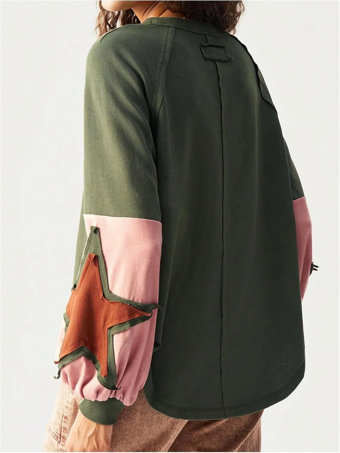 Women's Color Block Crew Neck Sweatshirt Floral Decor Long Sleeve Pullover Tops Boho Shirt