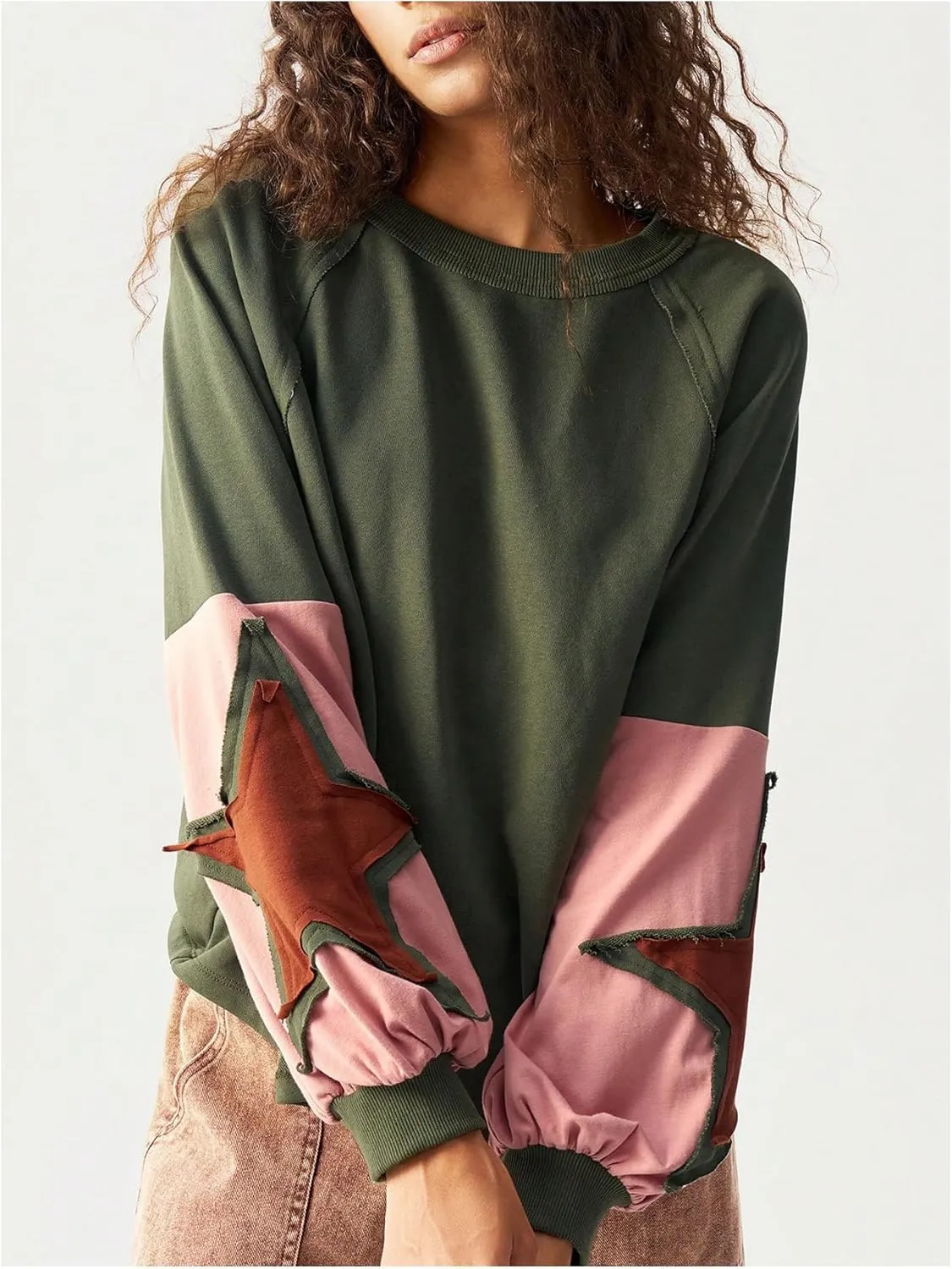 Women's Color Block Crew Neck Sweatshirt Floral Decor Long Sleeve Pullover Tops Boho Shirt