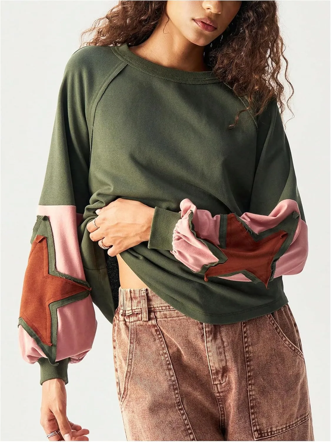 Women's Color Block Crew Neck Sweatshirt Floral Decor Long Sleeve Pullover Tops Boho Shirt