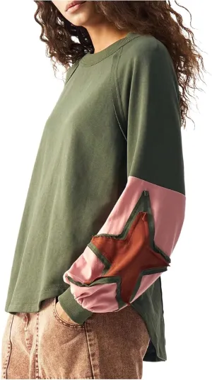 Women's Color Block Crew Neck Sweatshirt Floral Decor Long Sleeve Pullover Tops Boho Shirt