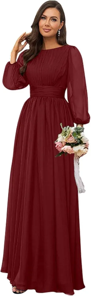 Women's Crew Neck Bridesmaid Dresses Long Sleeves Chiffon Pleated Formal Party Gown