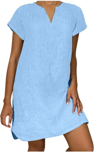 Womens Dress Plus Size Short Sleeve Notch Neck Mini Dress Summer Loose Comfy Cotton Linen Dresses for Teen Girls