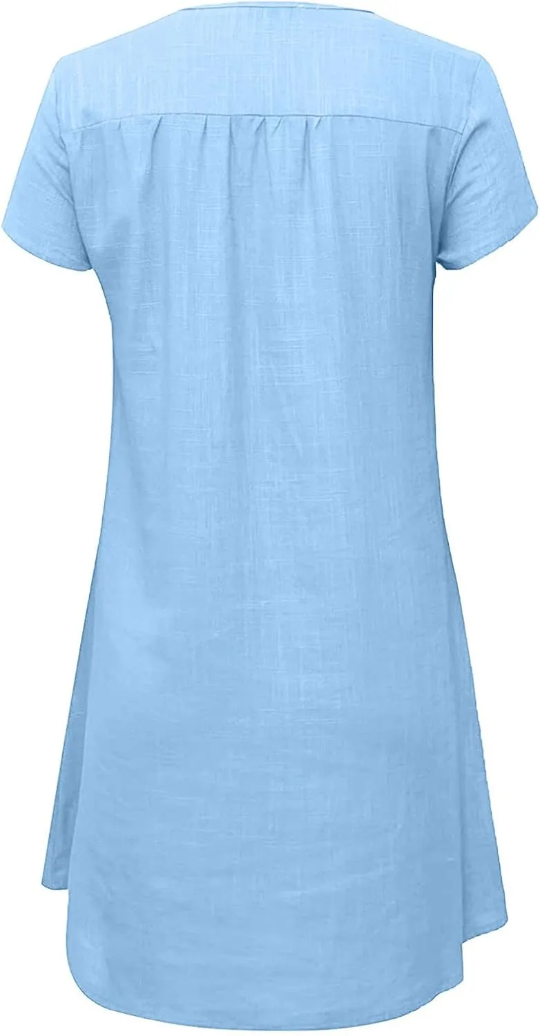 Womens Dress Plus Size Short Sleeve Notch Neck Mini Dress Summer Loose Comfy Cotton Linen Dresses for Teen Girls