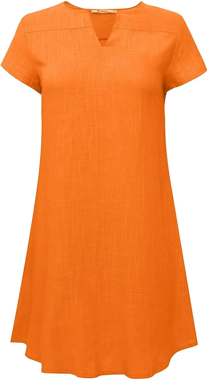 Womens Dress Plus Size Short Sleeve Notch Neck Mini Dress Summer Loose Comfy Cotton Linen Dresses for Teen Girls