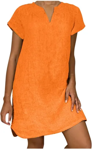 Womens Dress Plus Size Short Sleeve Notch Neck Mini Dress Summer Loose Comfy Cotton Linen Dresses for Teen Girls