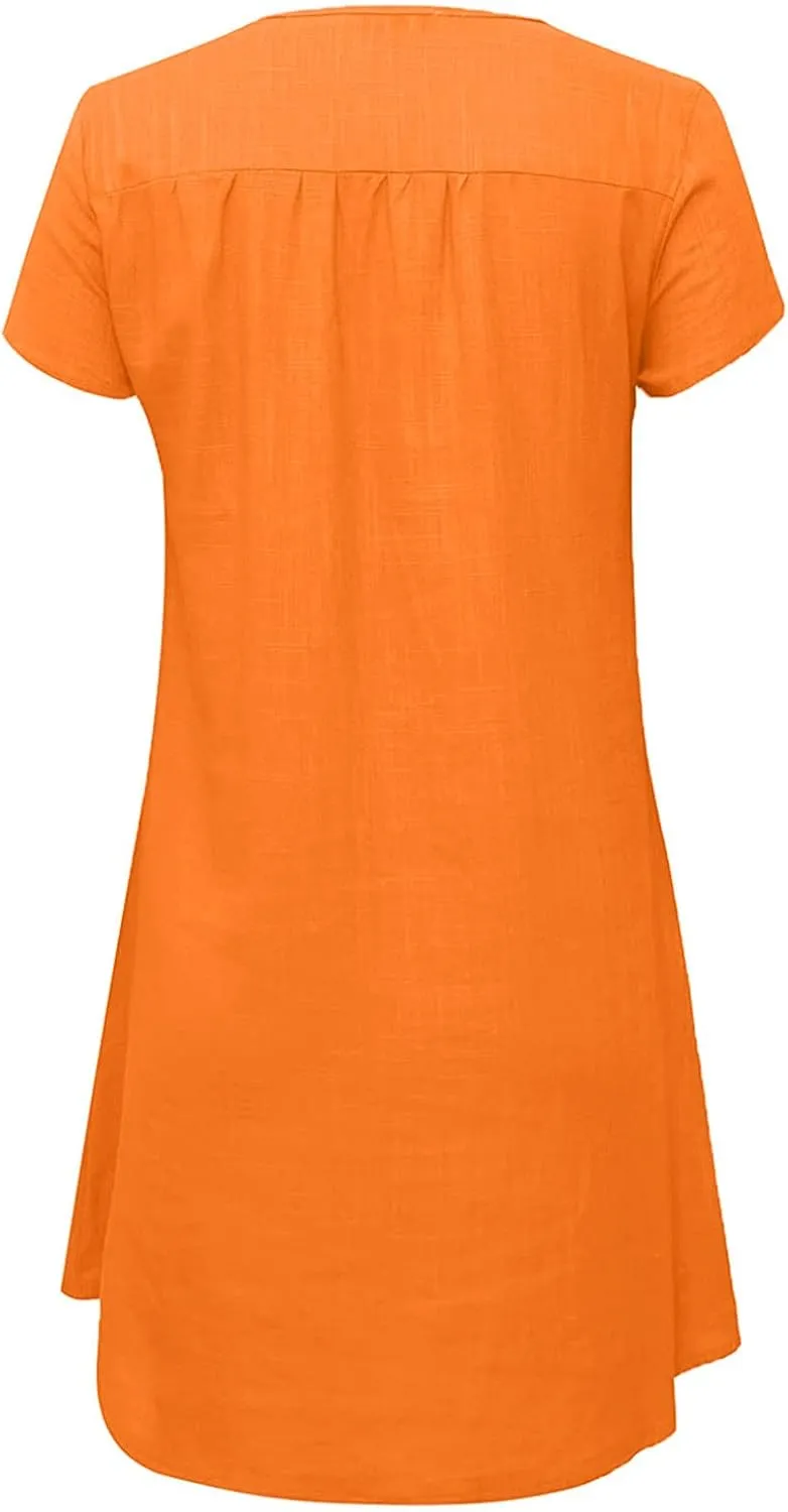Womens Dress Plus Size Short Sleeve Notch Neck Mini Dress Summer Loose Comfy Cotton Linen Dresses for Teen Girls