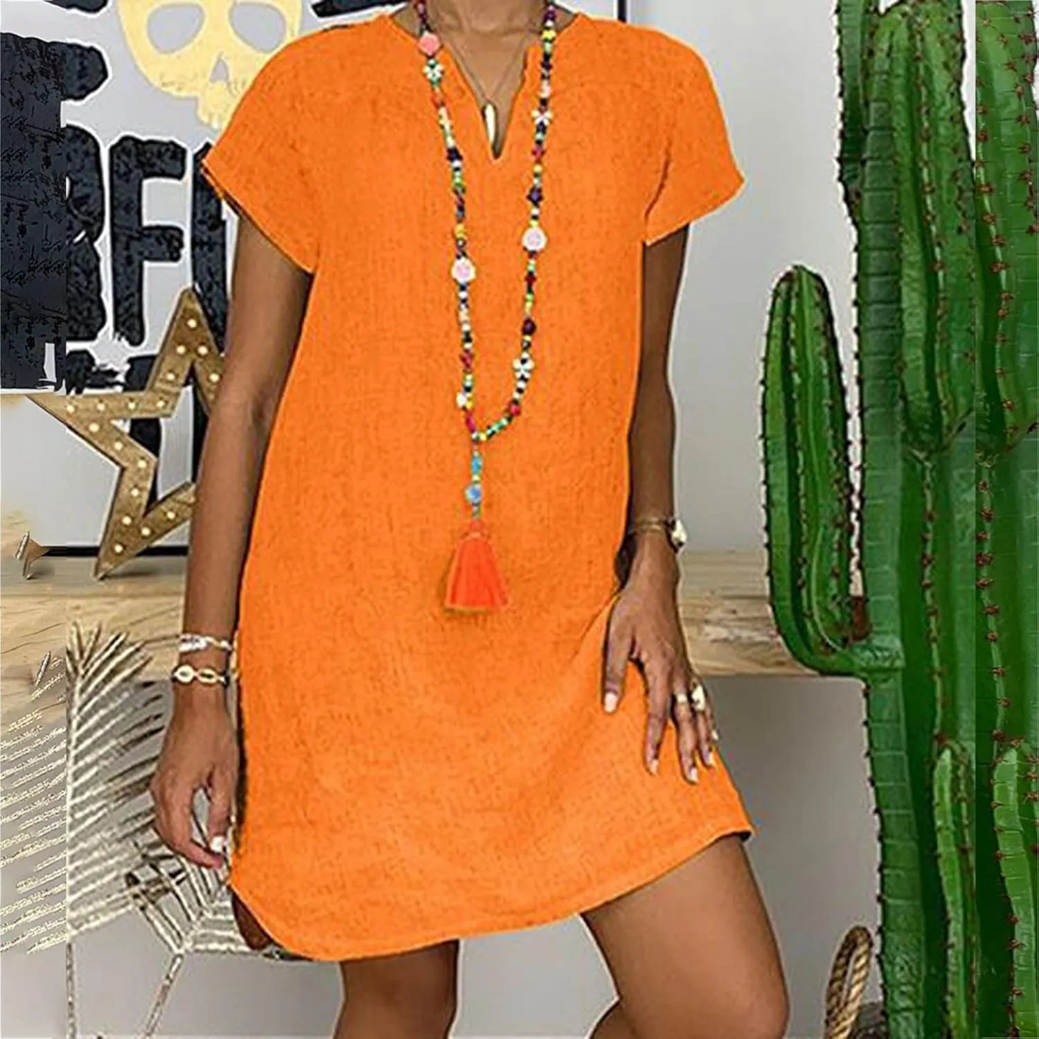 Womens Dress Plus Size Short Sleeve Notch Neck Mini Dress Summer Loose Comfy Cotton Linen Dresses for Teen Girls