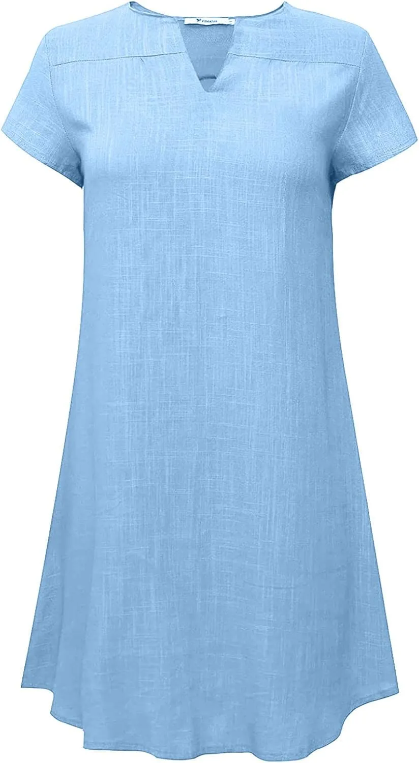 Womens Dress Plus Size Short Sleeve Notch Neck Mini Dress Summer Loose Comfy Cotton Linen Dresses for Teen Girls