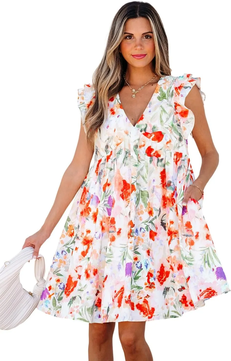 Womens Floral Dresses Sundress Pink Floral Double Ruffle Sleeve V Neck High Waist Mini Dress