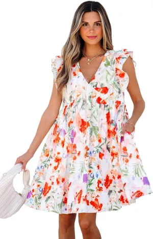Womens Floral Dresses Sundress Pink Floral Double Ruffle Sleeve V Neck High Waist Mini Dress