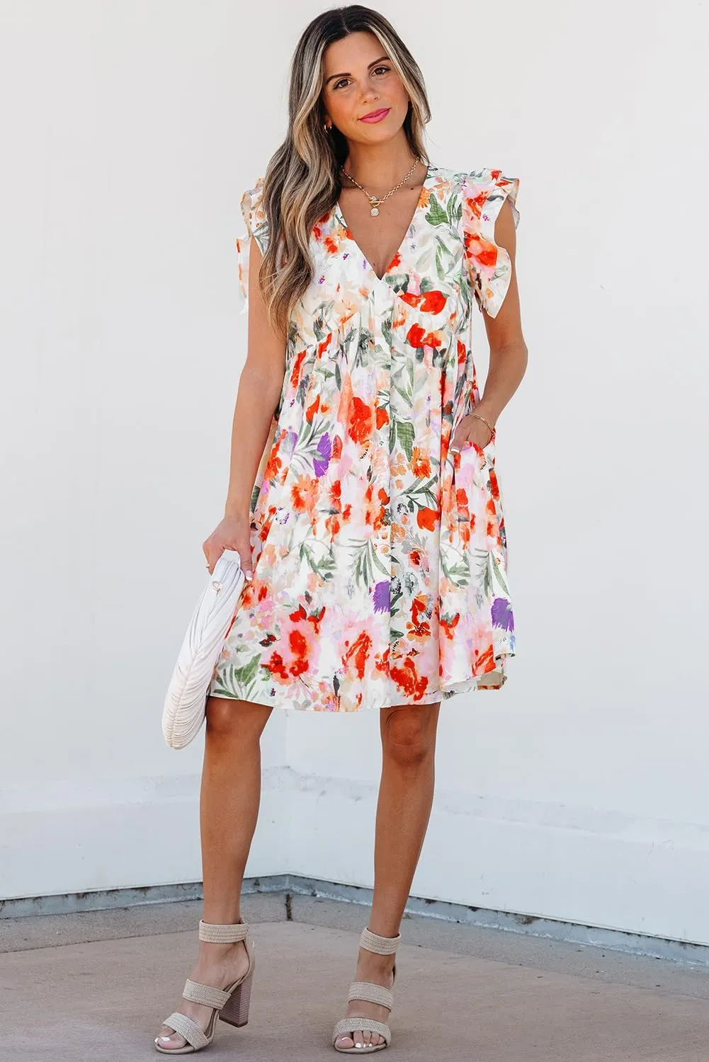 Womens Floral Dresses Sundress Pink Floral Double Ruffle Sleeve V Neck High Waist Mini Dress