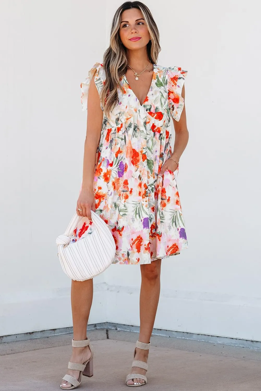 Womens Floral Dresses Sundress Pink Floral Double Ruffle Sleeve V Neck High Waist Mini Dress