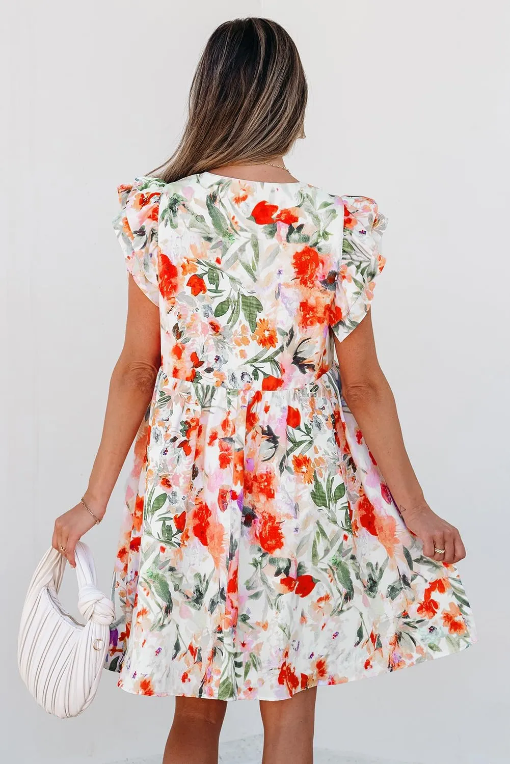Womens Floral Dresses Sundress Pink Floral Double Ruffle Sleeve V Neck High Waist Mini Dress