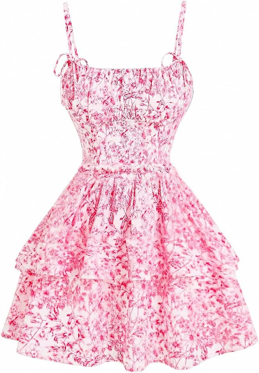 Women's Floral Print Knot Sleeveless Dress Ruched Tiered Layer Ruffle Hem Cami Dresses Boho Summer Mini Dress
