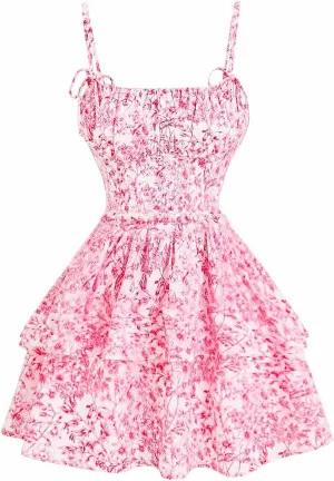 Women's Floral Print Knot Sleeveless Dress Ruched Tiered Layer Ruffle Hem Cami Dresses Boho Summer Mini Dress
