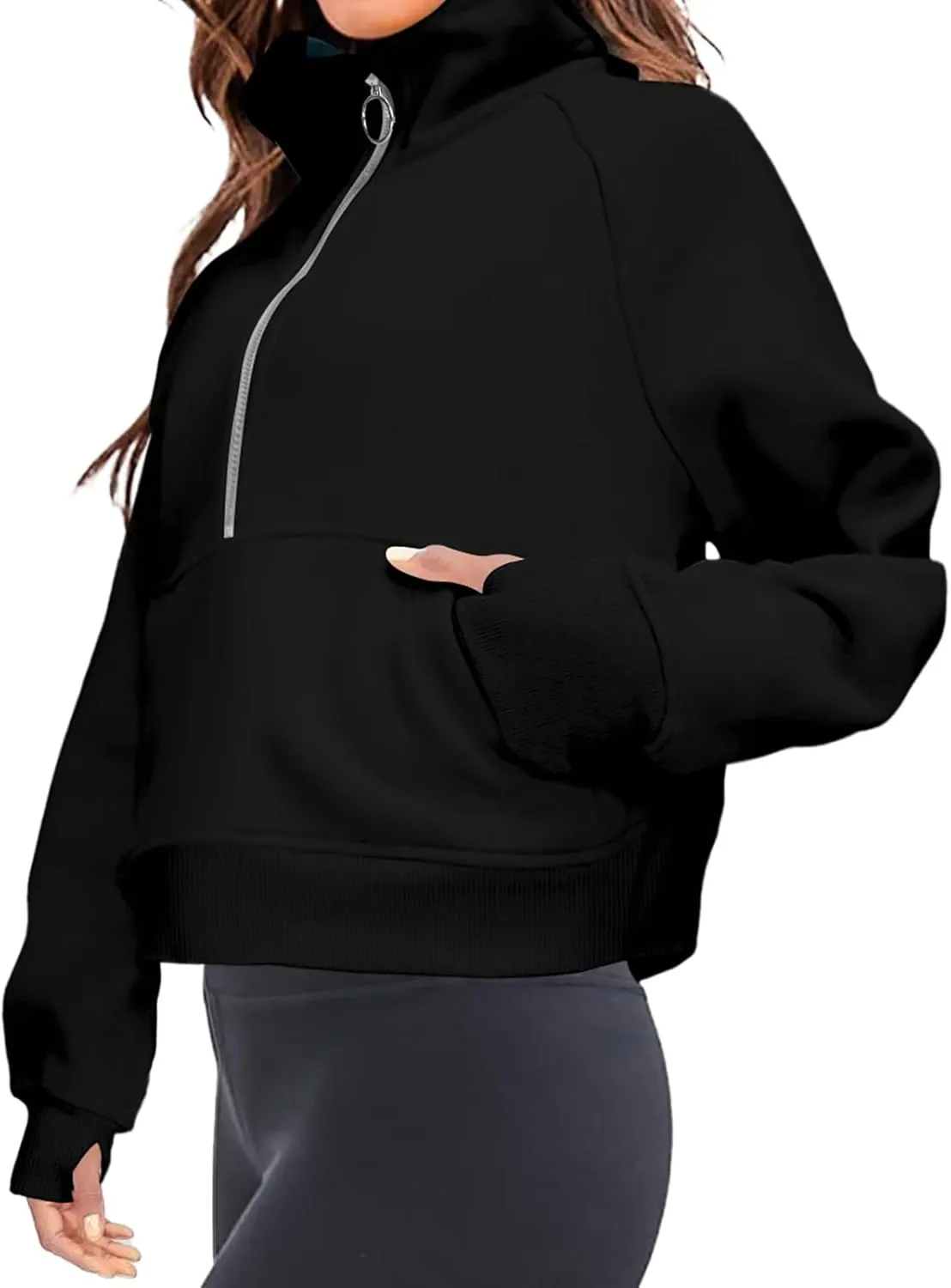 Womens Half Zip Hoodies Quarter Zipper Up Cropped Sweatshirt Long Sleeve Athletic Pullover Tops with Thumb Hole