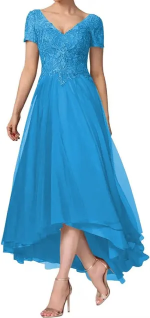 Women's Laces Appliques Mother of The Bride Dresses for Wedding Tea Length Cap Sleeves Mother of The Groom Dresses