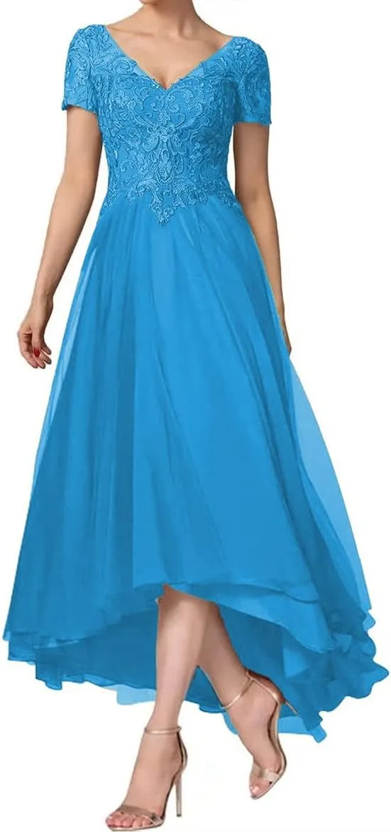 Women's Laces Appliques Mother of The Bride Dresses for Wedding Tea Length Cap Sleeves Mother of The Groom Dresses