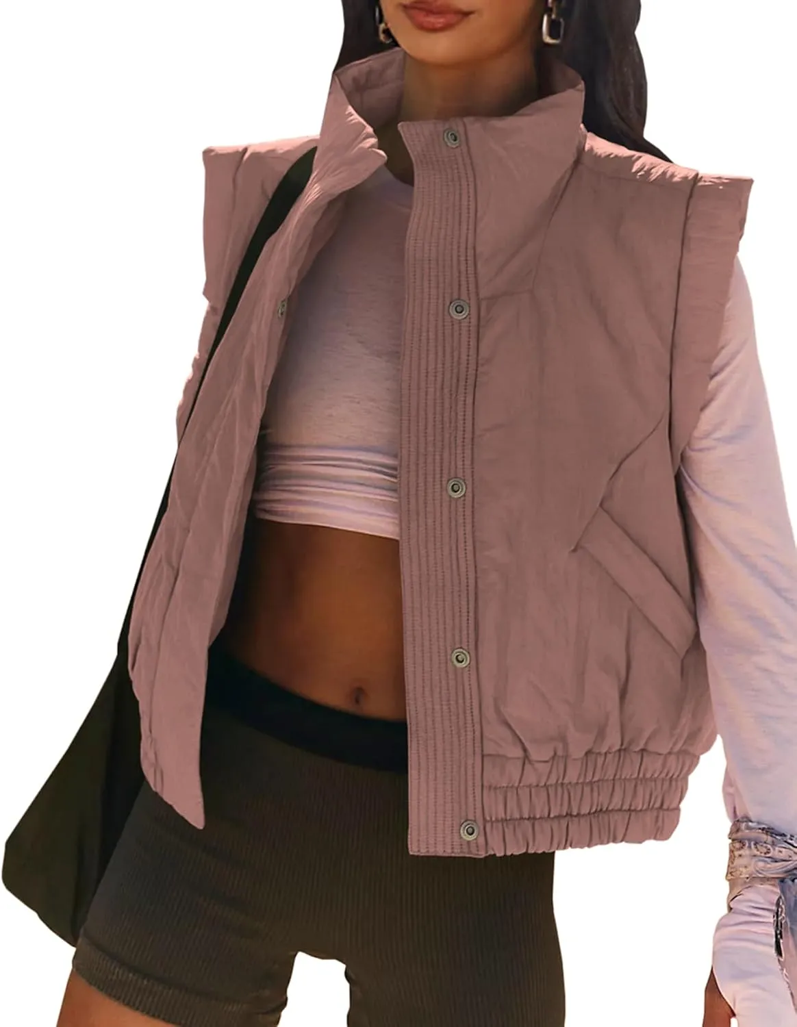 Women's Lightweight Puffer Vest Button Down Crop Qulited Vest Coat Stand Collar Sleeveless Padded Gilet With Pockets
