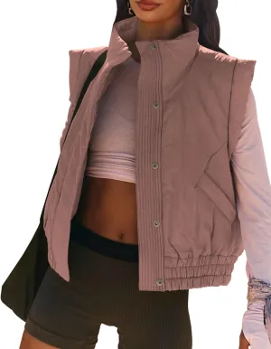 Women's Lightweight Puffer Vest Button Down Crop Qulited Vest Coat Stand Collar Sleeveless Padded Gilet With Pockets