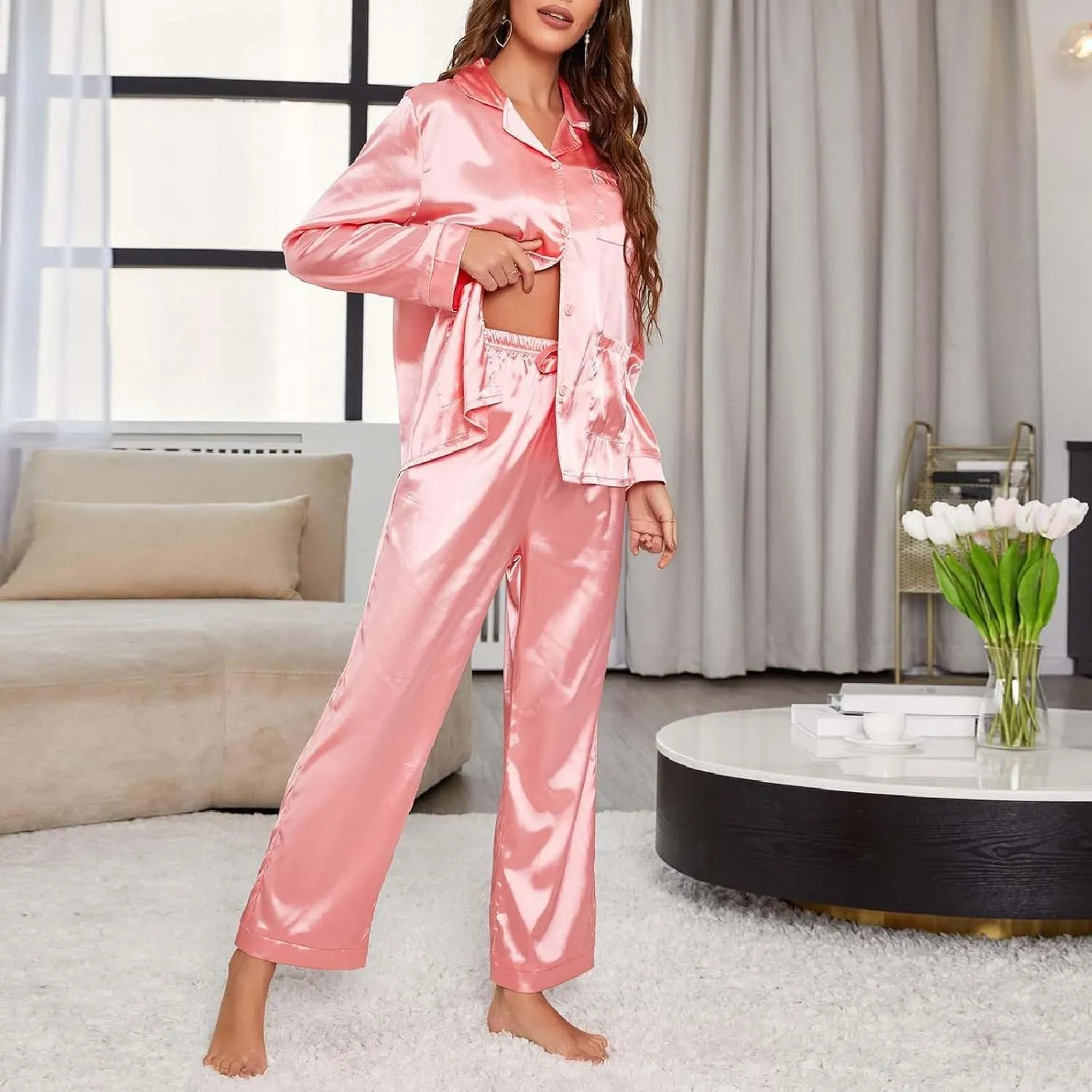 Womens Long Sleeved Pajamas Soft Button Loungewear Pajamas And Casual Suits Women Pajamas with Stretch