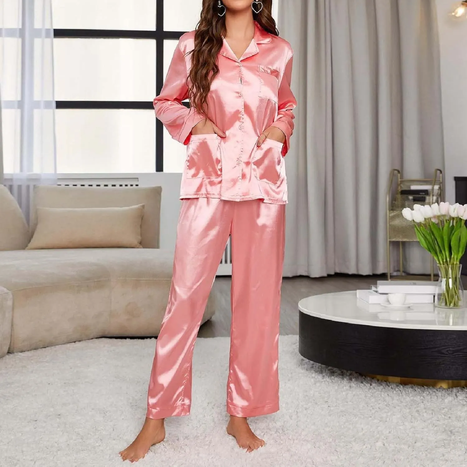 Womens Long Sleeved Pajamas Soft Button Loungewear Pajamas And Casual Suits Women Pajamas with Stretch