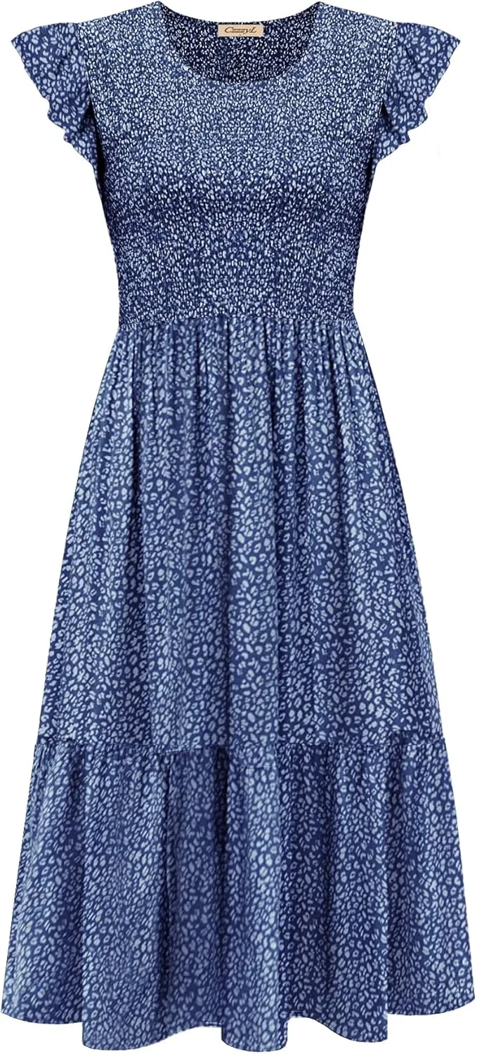Women's Nursing Dress Flutter Short Sleeve Crew Neck Smocked Elastic Waist Tiered Midi with Pockets