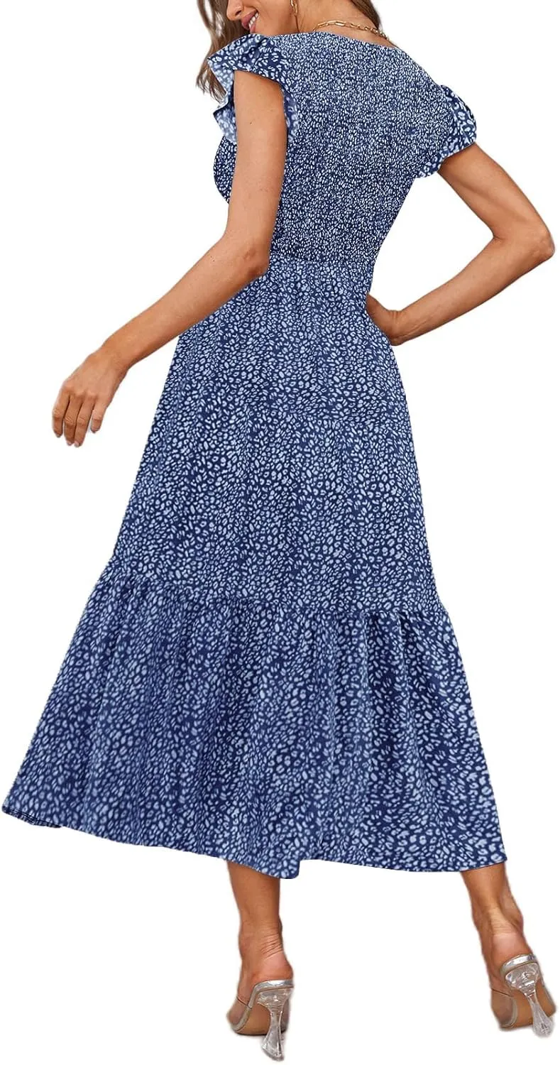 Women's Nursing Dress Flutter Short Sleeve Crew Neck Smocked Elastic Waist Tiered Midi with Pockets