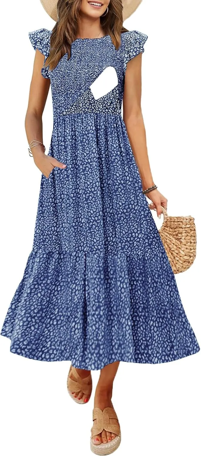 Women's Nursing Dress Flutter Short Sleeve Crew Neck Smocked Elastic Waist Tiered Midi with Pockets