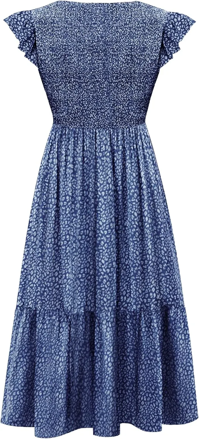 Women's Nursing Dress Flutter Short Sleeve Crew Neck Smocked Elastic Waist Tiered Midi with Pockets