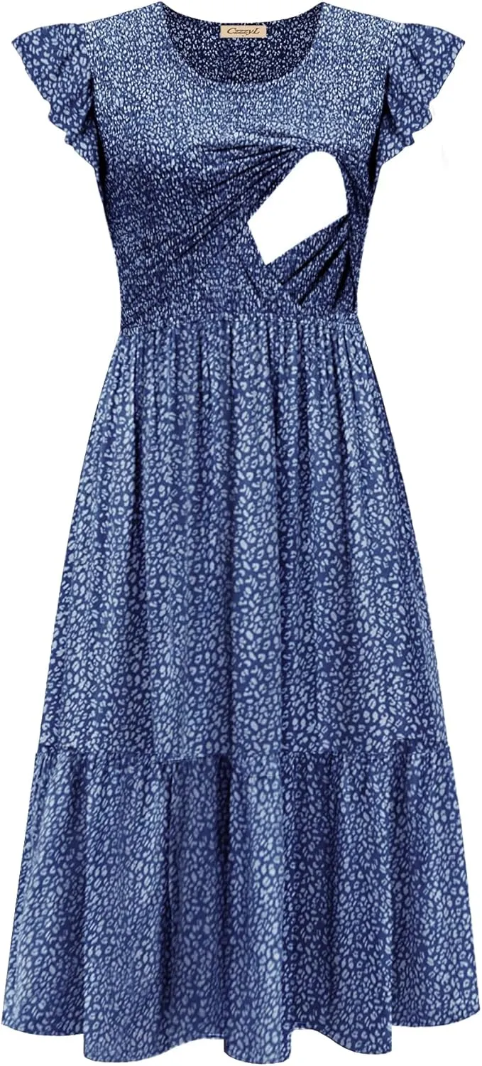 Women's Nursing Dress Flutter Short Sleeve Crew Neck Smocked Elastic Waist Tiered Midi with Pockets