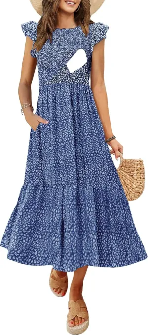 Women's Nursing Dress Flutter Short Sleeve Crew Neck Smocked Elastic Waist Tiered Midi with Pockets