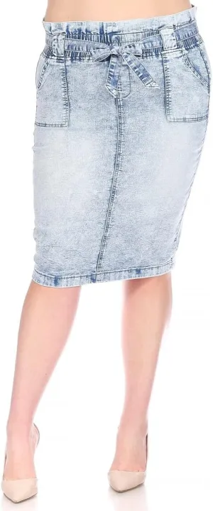 Women's Plus Light Wash Denim Pencil Skirt, Knee Length, Elastic Waist with Tie Belt