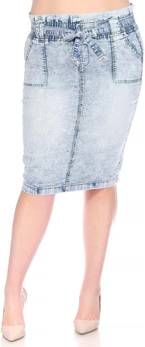 Women's Plus Light Wash Denim Pencil Skirt, Knee Length, Elastic Waist with Tie Belt
