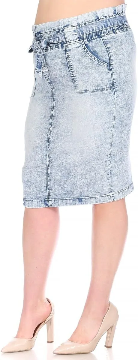 Women's Plus Light Wash Denim Pencil Skirt, Knee Length, Elastic Waist with Tie Belt