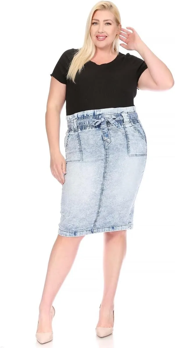 Women's Plus Light Wash Denim Pencil Skirt, Knee Length, Elastic Waist with Tie Belt