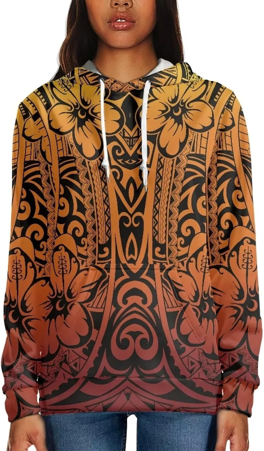 Womens Polynesian Tribal Tattoo Print Hoodies Drawstring Puletasi Tatau Ptaha Pullover Sweatshirt with Pocket