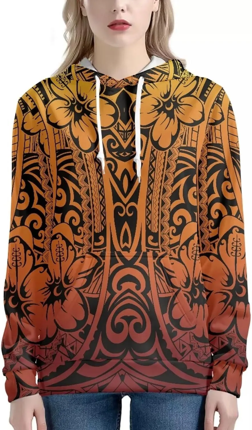 Womens Polynesian Tribal Tattoo Print Hoodies Drawstring Puletasi Tatau Ptaha Pullover Sweatshirt with Pocket