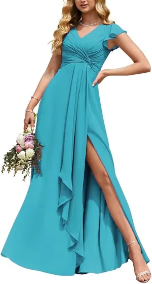 Women's Puffle Sleeve Bridesmaid Dresses Long A Line Side Slit Chiffon Formal Evening Gown with Pockets TB26