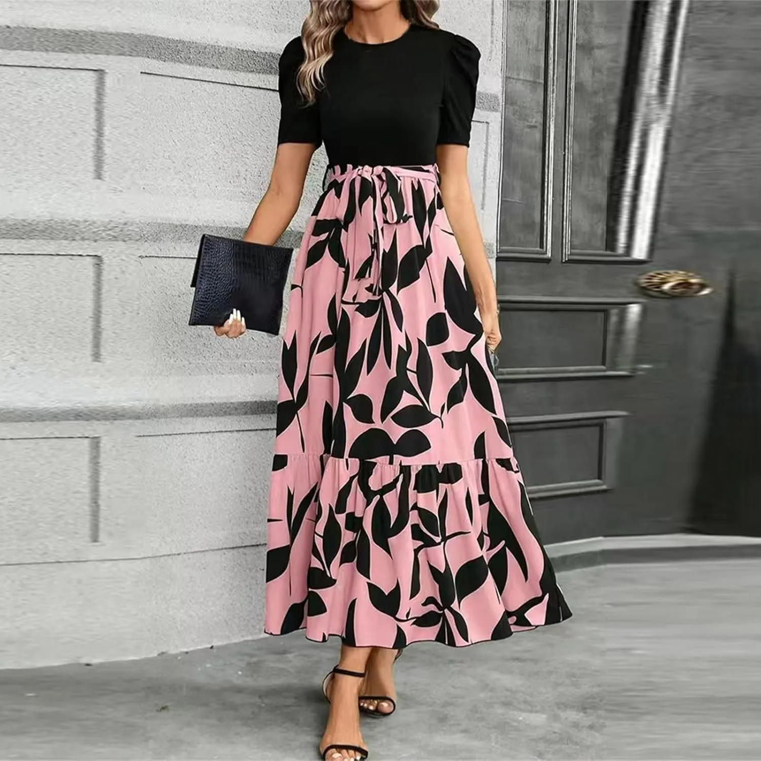Womens Ruffle Short Sleeve 2025 Maxi Dress Summer Casual Dresses Long Flowy Floral Printed Dresses with Pockets