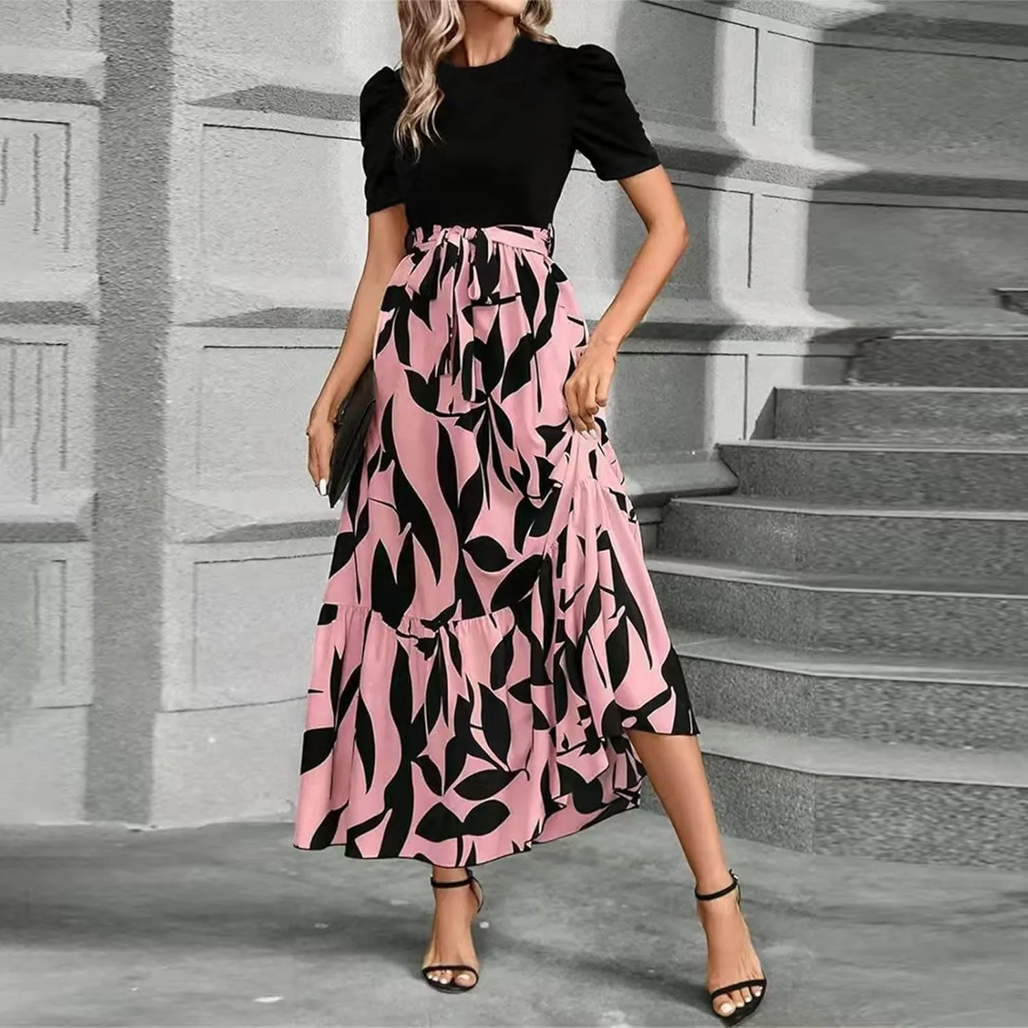 Womens Ruffle Short Sleeve 2025 Maxi Dress Summer Casual Dresses Long Flowy Floral Printed Dresses with Pockets