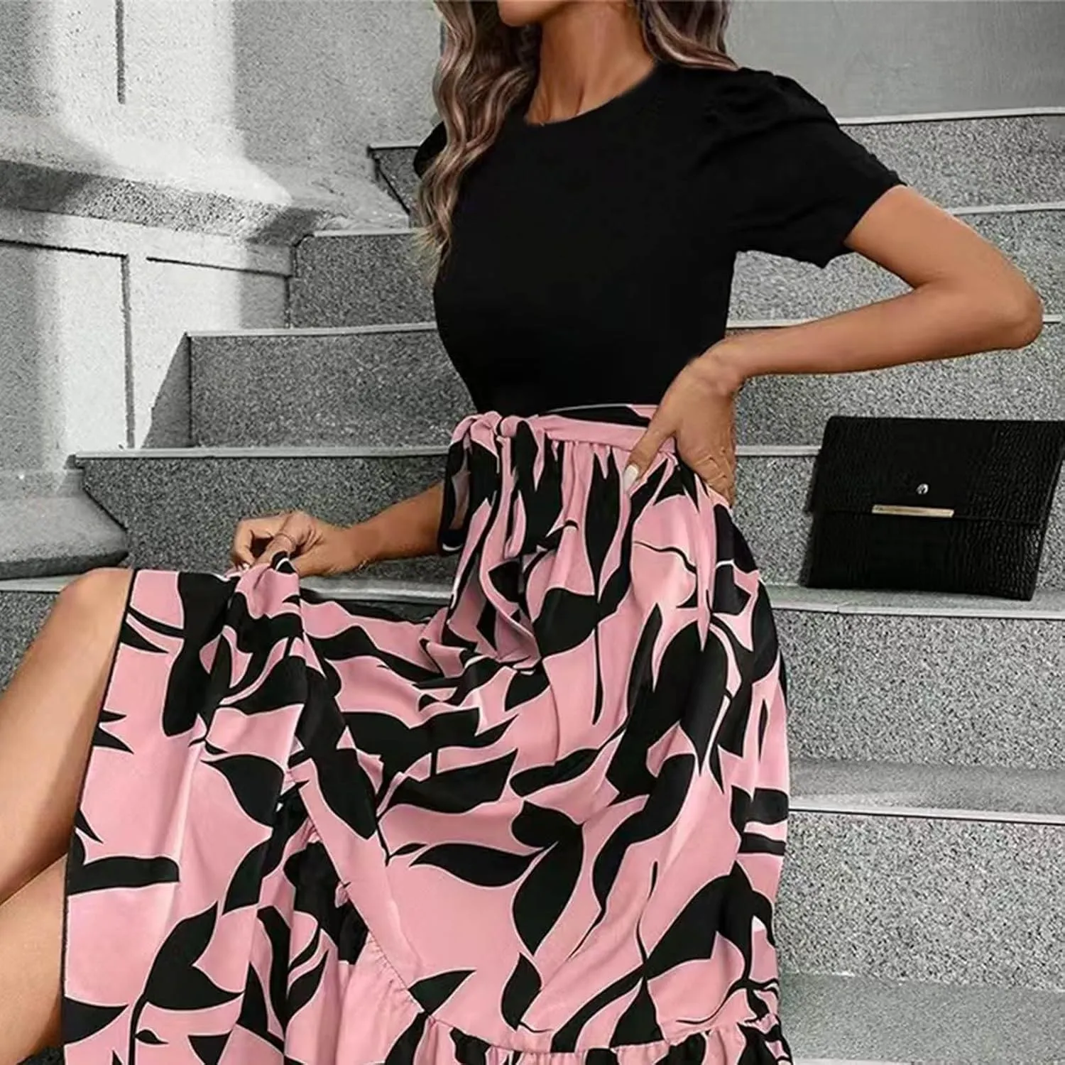 Womens Ruffle Short Sleeve 2025 Maxi Dress Summer Casual Dresses Long Flowy Floral Printed Dresses with Pockets