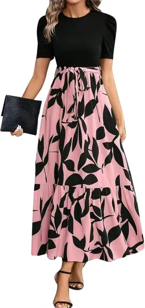 Womens Ruffle Short Sleeve 2025 Maxi Dress Summer Casual Dresses Long Flowy Floral Printed Dresses with Pockets