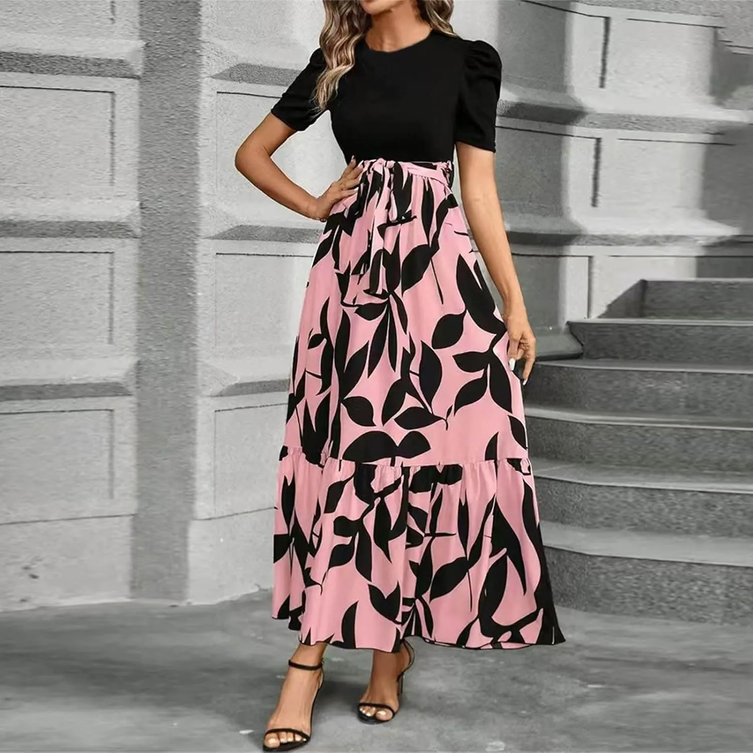 Womens Ruffle Short Sleeve 2025 Maxi Dress Summer Casual Dresses Long Flowy Floral Printed Dresses with Pockets