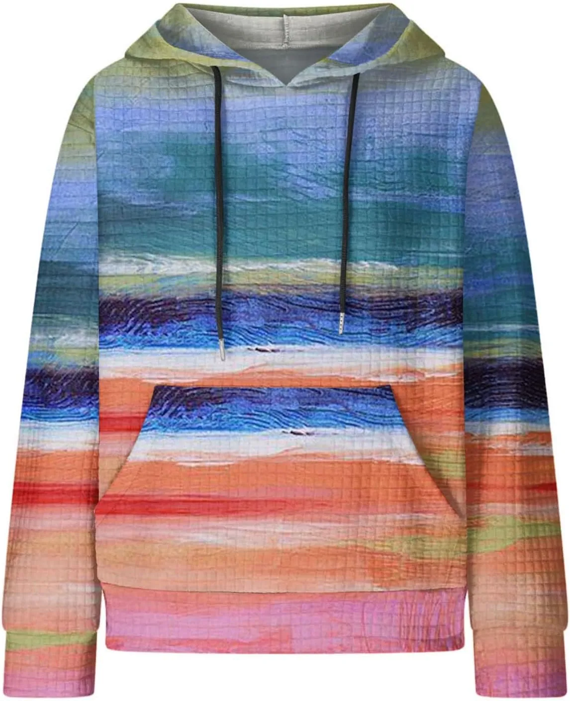 Women's Striped Oversized Hoodies Rainbow Waffle Knit Drawstring Pullover Sweatshirts Color Block Hooded Sweatshirt