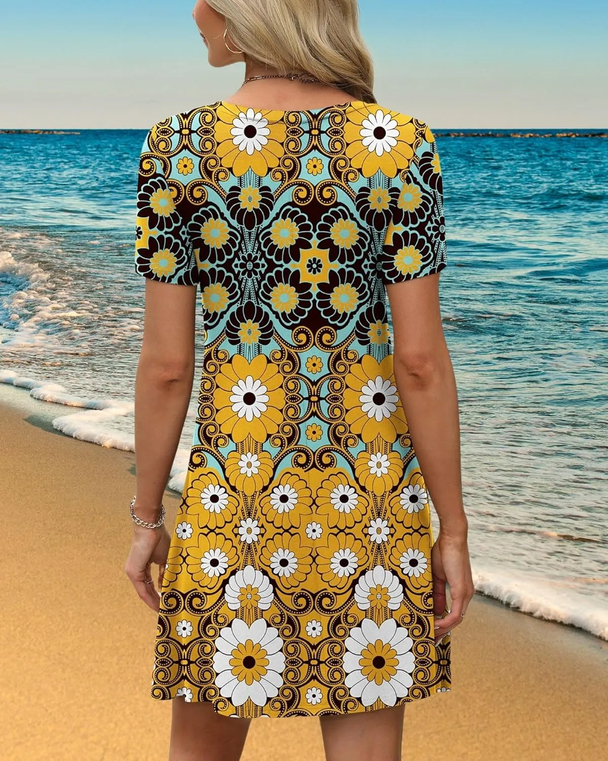 Women's Summer A-Line Dress Mini Short Sleeve T Shirt Dress Flowy Sundresses Beach Cover Ups 2025 Vacation