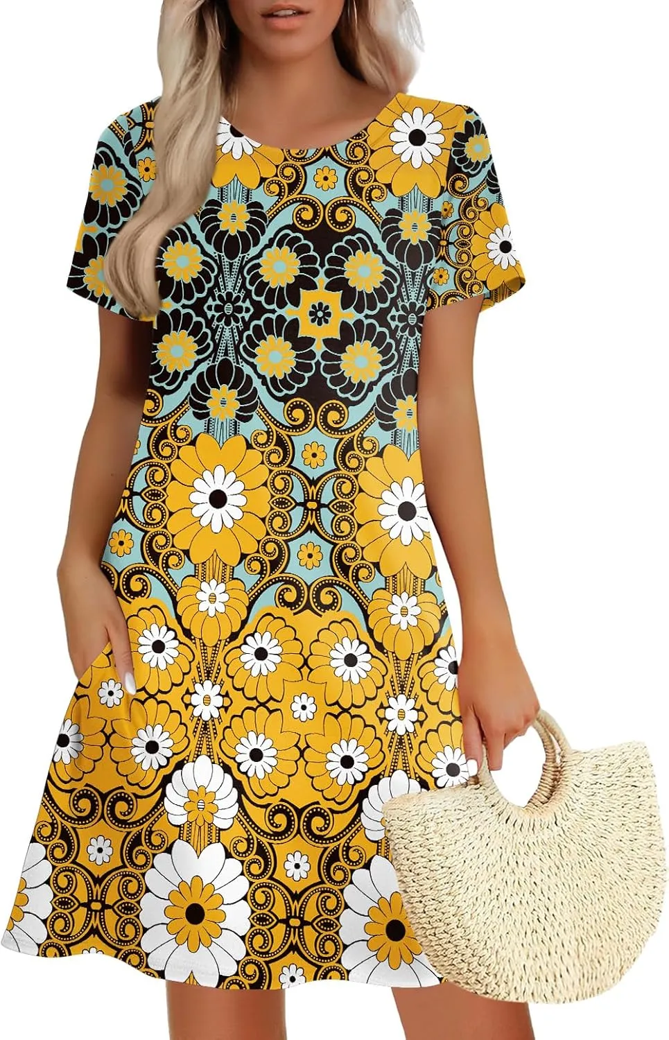 Women's Summer A-Line Dress Mini Short Sleeve T Shirt Dress Flowy Sundresses Beach Cover Ups 2025 Vacation