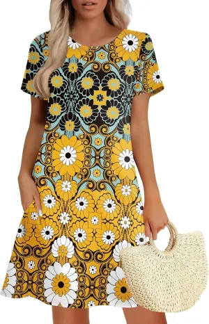 Women's Summer A-Line Dress Mini Short Sleeve T Shirt Dress Flowy Sundresses Beach Cover Ups 2025 Vacation