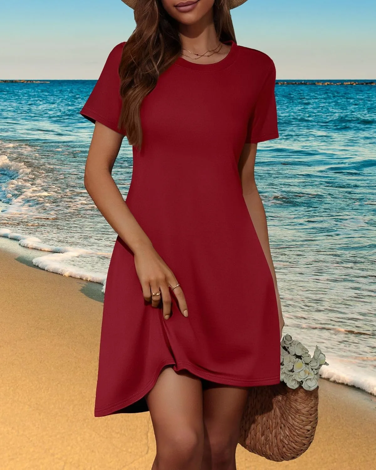 Women's Summer A-Line Dress Mini Short Sleeve T Shirt Dress Flowy Sundresses Beach Cover Ups 2025 Vacation