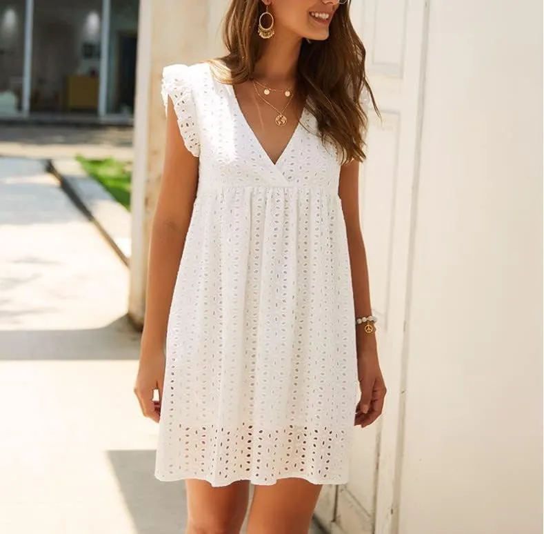 Women's Summer Dress Casual Eyelet V Neck Mini Short Dress Ruffle Sleeveless Babydoll Sundress
